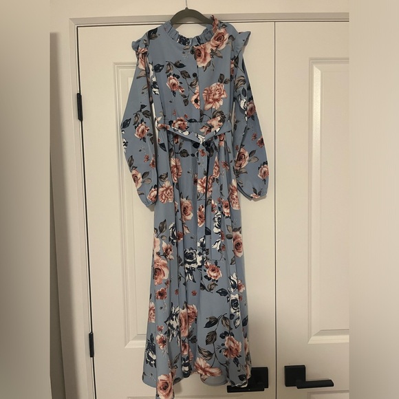 Girls Floral Print Frill Trim Lantern Sleeve Belted Dress - Picture 3 of 5